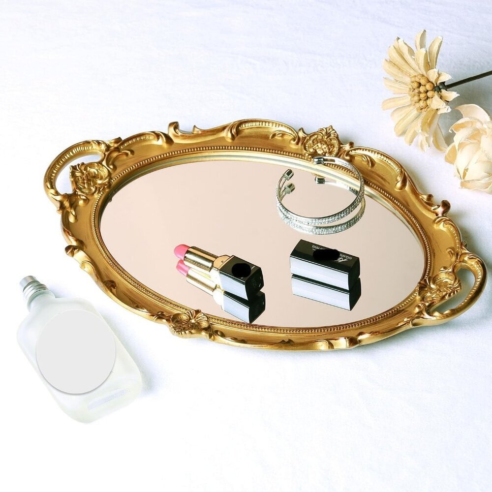 Vintage Mirror Tray Gold Framed Wall Mirror- Antique Decor for Home & Baroque Ro - Picture 2 of 9